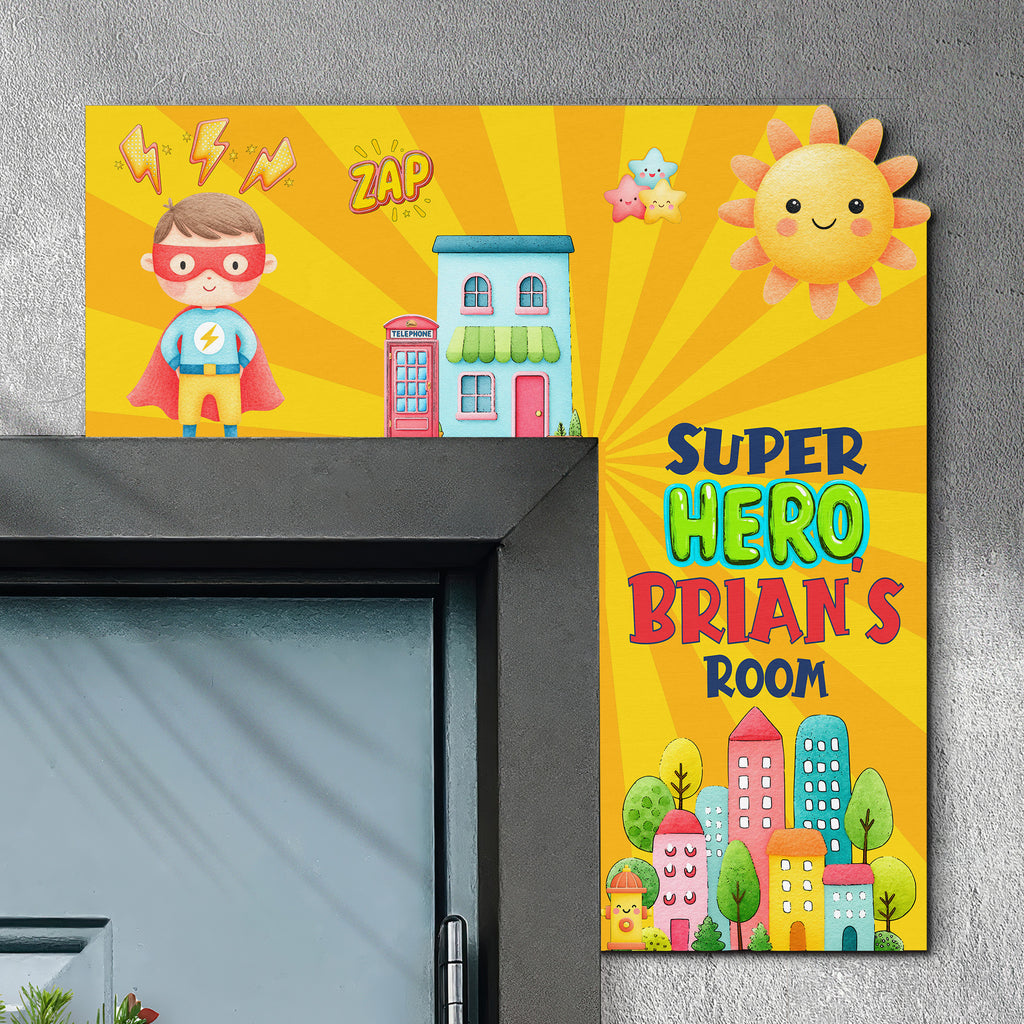 PERSONALIZED Wooden Door Corner | CUSTOM Door Topper Name Plate for KIDS | Single/Double Layer | 10” & 15” Sizes | Super Hero