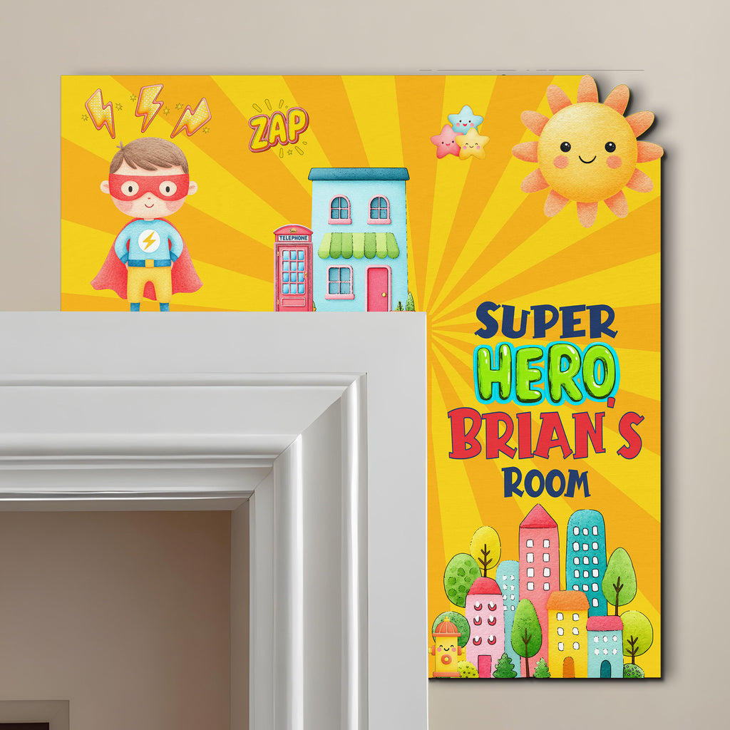 PERSONALIZED Wooden Door Corner | CUSTOM Door Topper Name Plate for KIDS | Single/Double Layer | 10” & 15” Sizes | Super Hero