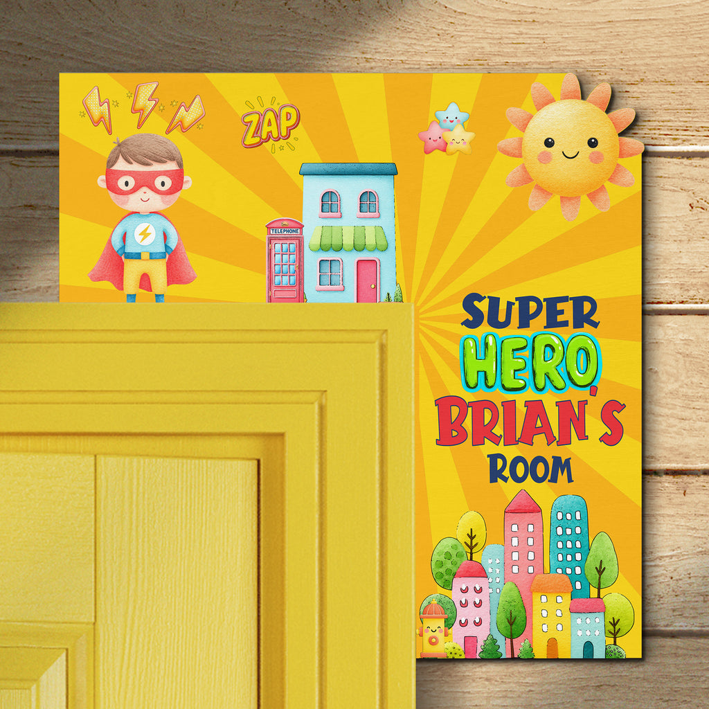 PERSONALIZED Wooden Door Corner | CUSTOM Door Topper Name Plate for KIDS | Single/Double Layer | 10” & 15” Sizes | Super Hero