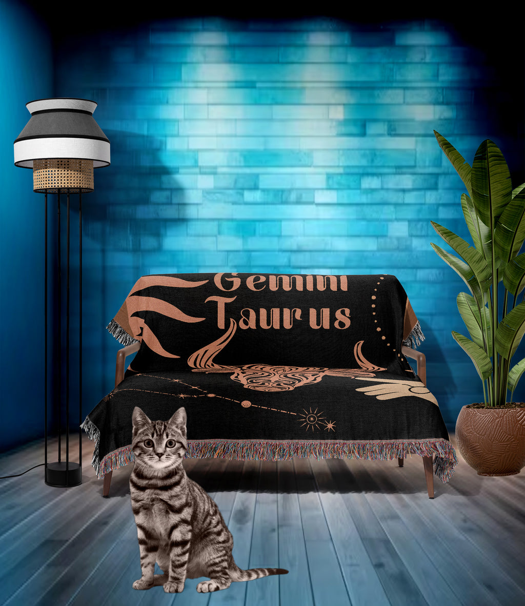 Taurus and Gemini Zodiac Compatibility Woven Throw Tapestry - Elevate home decor with this boho-inspired, celestial charm blanket. Perfect for astrology enthusiasts, featuring Taurus and Gemini sun signs, adding unique, artistic flair to your living space. Premium cotton, cozy, and decorative.