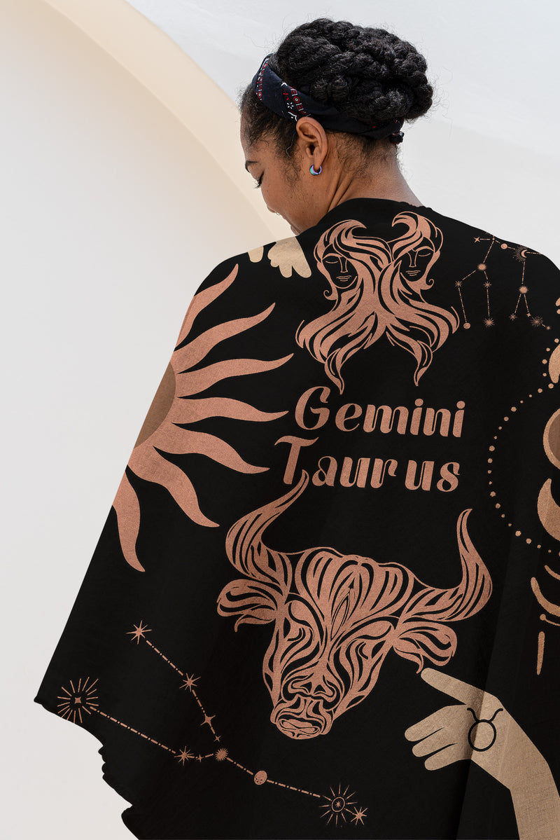 Taurus and Gemini Zodiac Compatibility Woven Throw Tapestry - Elevate home decor with this boho-inspired, celestial charm blanket. Perfect for astrology enthusiasts, featuring Taurus and Gemini sun signs, adding unique, artistic flair to your living space. Premium cotton, cozy, and decorative.