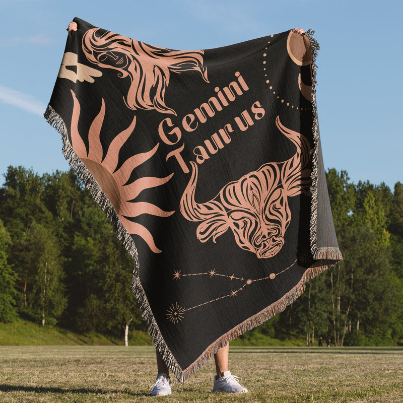 Taurus and Gemini Zodiac Compatibility Woven Throw Tapestry - Elevate home decor with this boho-inspired, celestial charm blanket. Perfect for astrology enthusiasts, featuring Taurus and Gemini sun signs, adding unique, artistic flair to your living space. Premium cotton, cozy, and decorative.