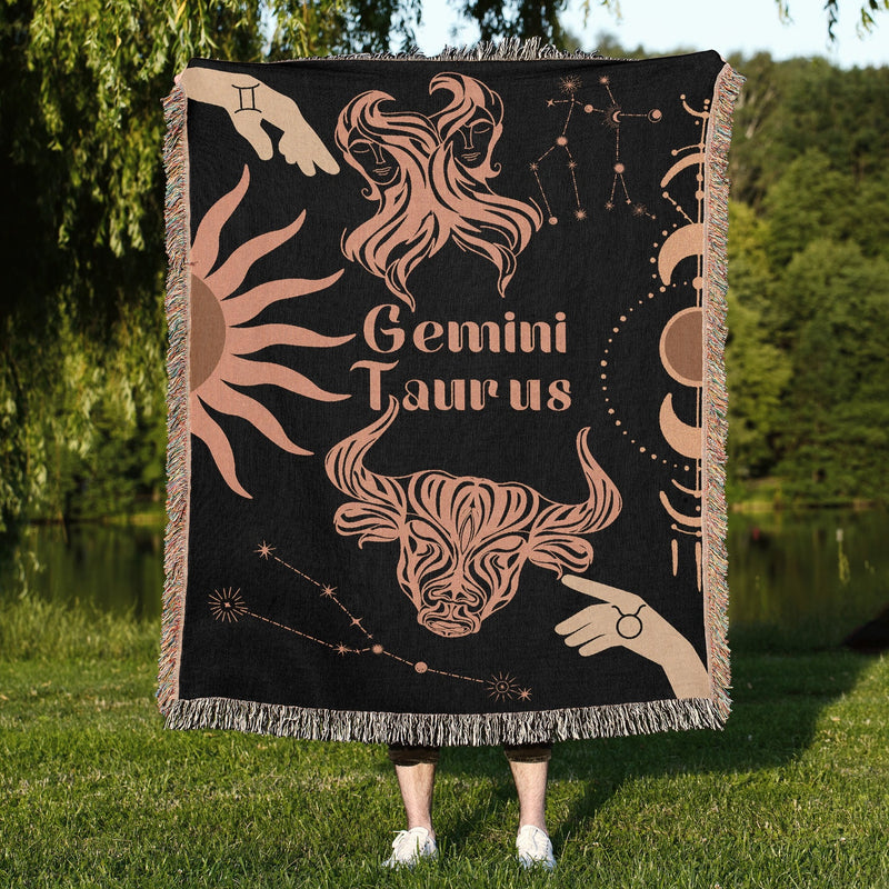 Taurus and Gemini Zodiac Compatibility Woven Throw Tapestry - Elevate home decor with this boho-inspired, celestial charm blanket. Perfect for astrology enthusiasts, featuring Taurus and Gemini sun signs, adding unique, artistic flair to your living space. Premium cotton, cozy, and decorative.