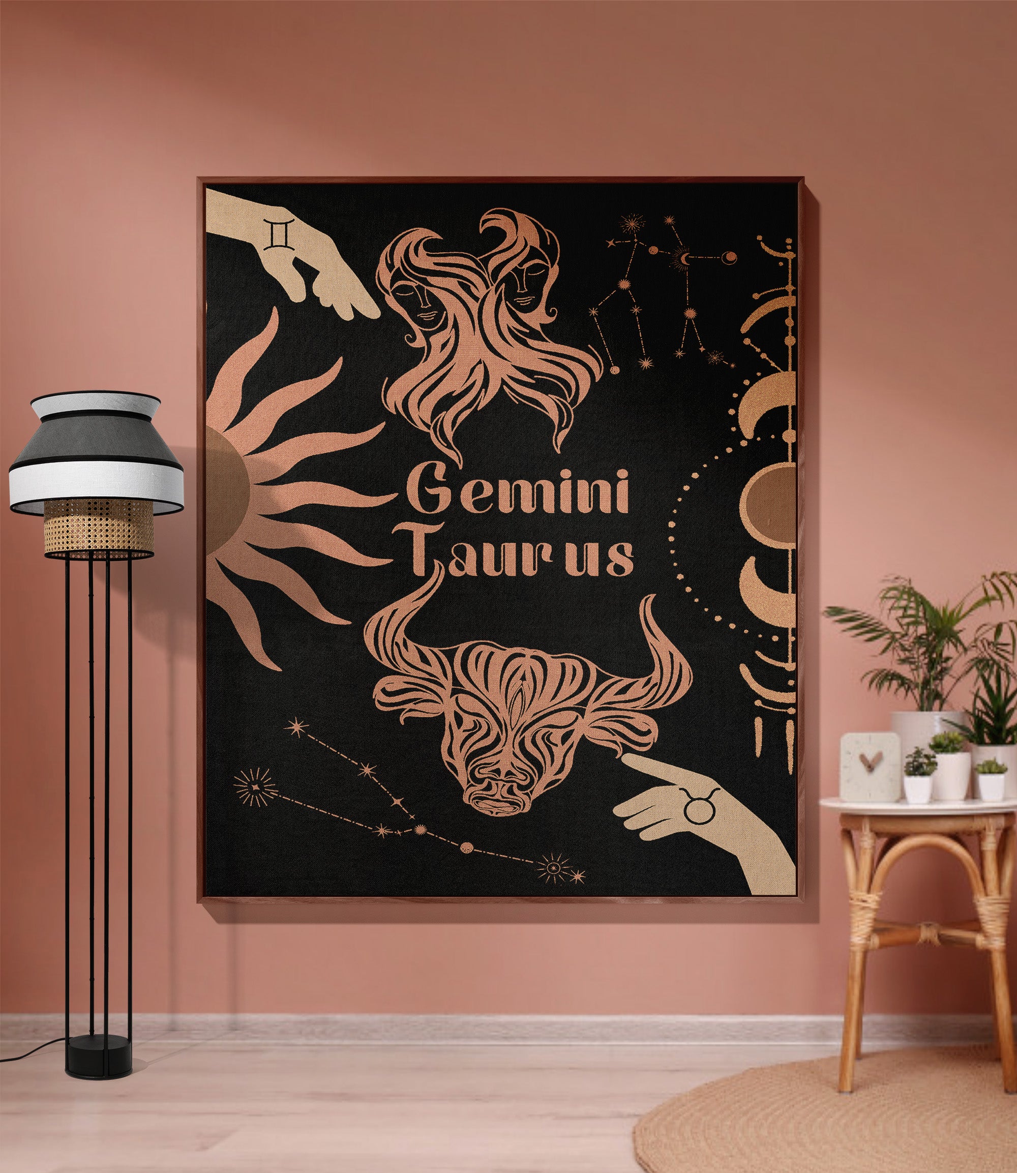 Taurus and Gemini Zodiac Compatibility Woven Throw Tapestry - Elevate home decor with this boho-inspired, celestial charm blanket. Perfect for astrology enthusiasts, featuring Taurus and Gemini sun signs, adding unique, artistic flair to your living space. Premium cotton, cozy, and decorative.