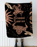 Taurus and Gemini Zodiac Compatibility Woven Throw Tapestry - Elevate home decor with this boho-inspired, celestial charm blanket. Perfect for astrology enthusiasts, featuring Taurus and Gemini sun signs, adding unique, artistic flair to your living space. Premium cotton, cozy, and decorative.