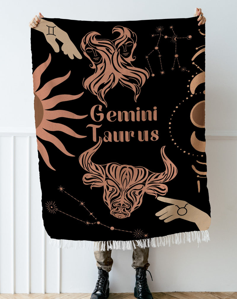 Taurus and Gemini Zodiac Compatibility Woven Throw Tapestry - Elevate home decor with this boho-inspired, celestial charm blanket. Perfect for astrology enthusiasts, featuring Taurus and Gemini sun signs, adding unique, artistic flair to your living space. Premium cotton, cozy, and decorative.