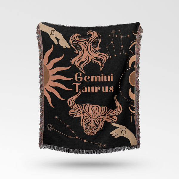 Taurus and Gemini Zodiac Compatibility Woven Throw Tapestry - Elevate home decor with this boho-inspired, celestial charm blanket. Perfect for astrology enthusiasts, featuring Taurus and Gemini sun signs, adding unique, artistic flair to your living space. Premium cotton, cozy, and decorative.