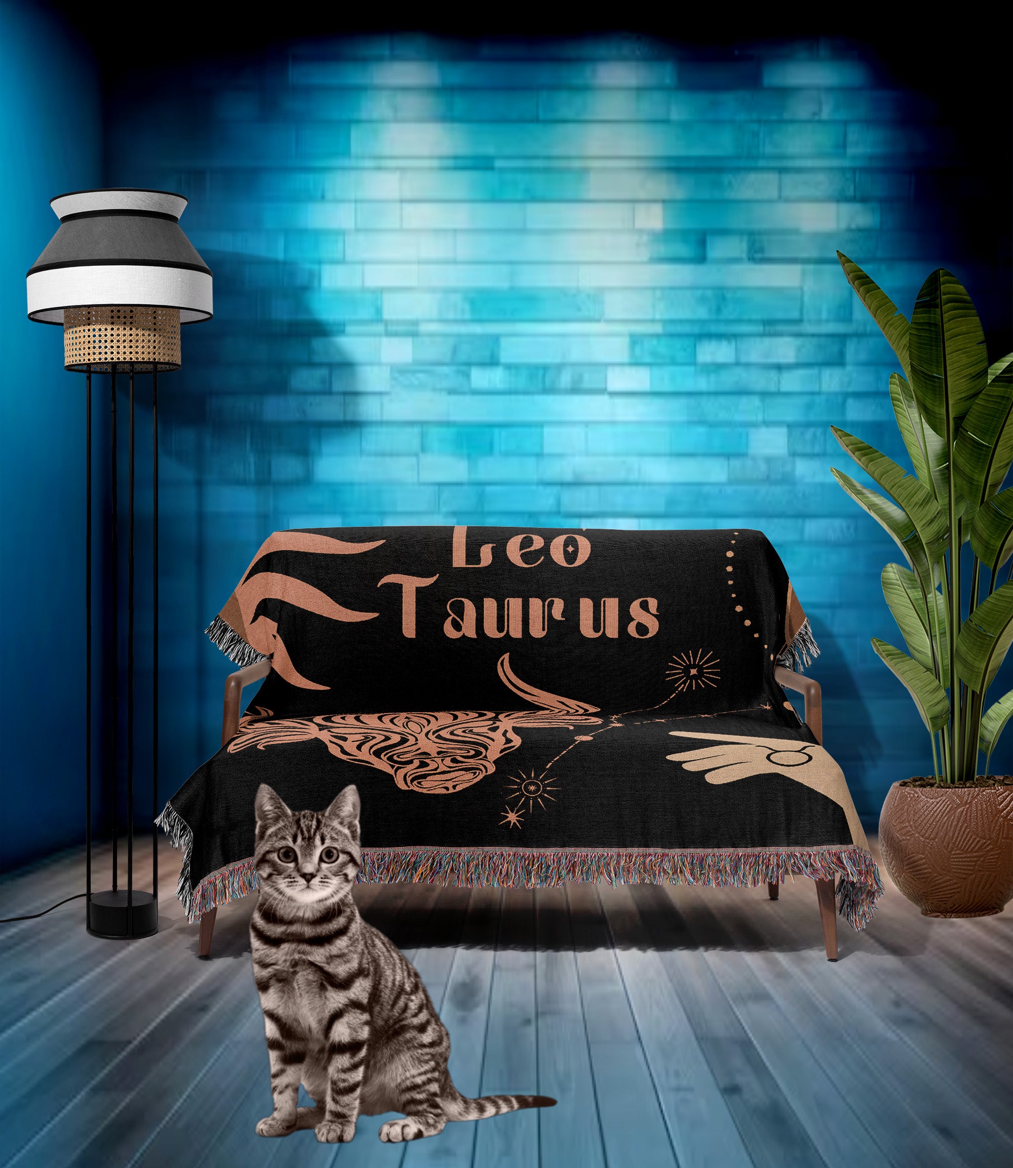Taurus and Leo Zodiac Compatibility Woven Throw Tapestry - Elevate home decor with this boho-inspired, celestial charm blanket. Perfect for astrology enthusiasts, featuring Taurus and Leo sun signs, adding unique, artistic flair to your living space. Premium cotton, cozy, and decorative.