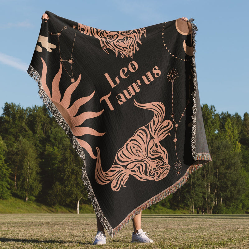 Taurus and Leo Zodiac Compatibility Woven Throw Tapestry - Elevate home decor with this boho-inspired, celestial charm blanket. Perfect for astrology enthusiasts, featuring Taurus and Leo sun signs, adding unique, artistic flair to your living space. Premium cotton, cozy, and decorative.