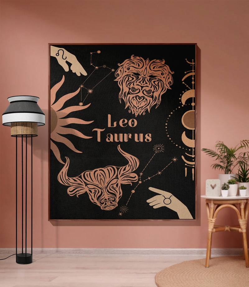 Taurus and Leo Zodiac Compatibility Woven Throw Tapestry - Elevate home decor with this boho-inspired, celestial charm blanket. Perfect for astrology enthusiasts, featuring Taurus and Leo sun signs, adding unique, artistic flair to your living space. Premium cotton, cozy, and decorative.