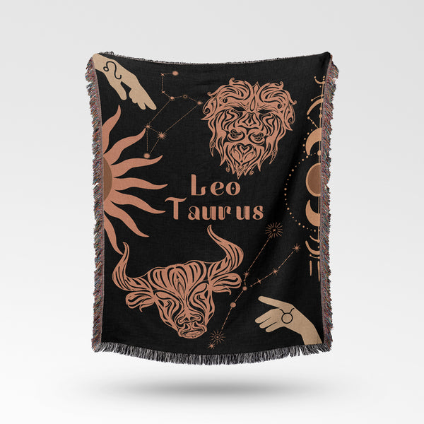 Taurus and Leo Zodiac Compatibility Woven Throw Tapestry - Elevate home decor with this boho-inspired, celestial charm blanket. Perfect for astrology enthusiasts, featuring Taurus and Leo sun signs, adding unique, artistic flair to your living space. Premium cotton, cozy, and decorative.