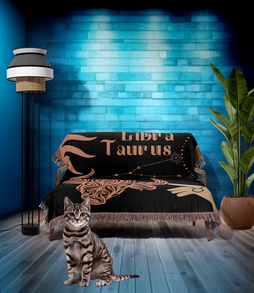 Taurus and Libra Zodiac Compatibility Woven Throw Tapestry - Elevate home decor with this boho-inspired, celestial charm blanket. Perfect for astrology enthusiasts, featuring Taurus and Libra sun signs, adding unique, artistic flair to your living space. Premium cotton, cozy, and decorative.