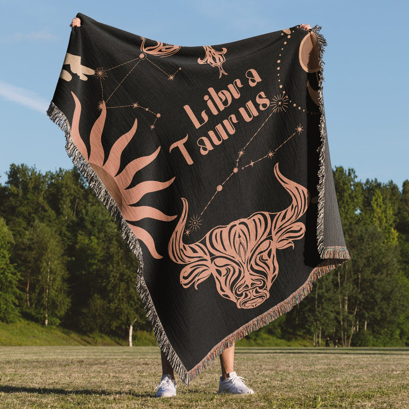 Taurus and Libra Zodiac Compatibility Woven Throw Tapestry - Elevate home decor with this boho-inspired, celestial charm blanket. Perfect for astrology enthusiasts, featuring Taurus and Libra sun signs, adding unique, artistic flair to your living space. Premium cotton, cozy, and decorative.