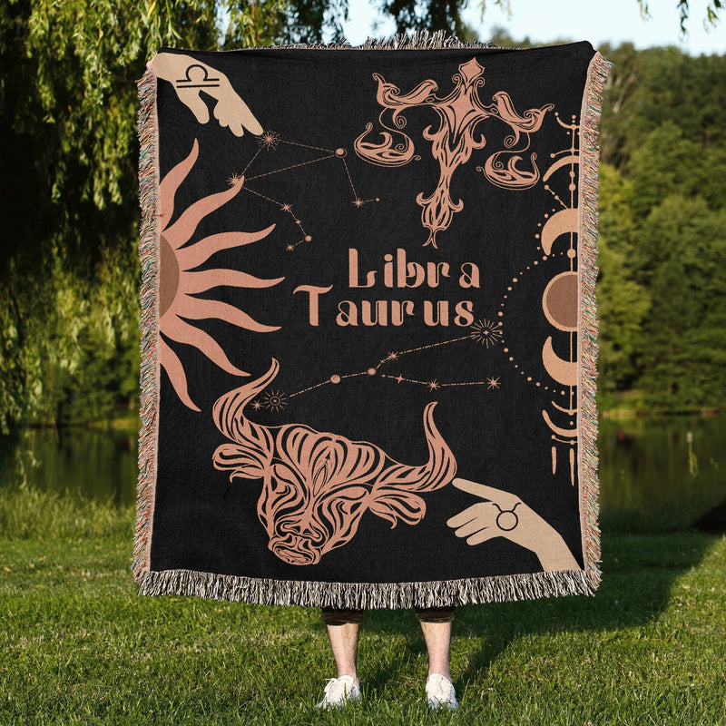 Taurus and Libra Zodiac Compatibility Woven Throw Tapestry - Elevate home decor with this boho-inspired, celestial charm blanket. Perfect for astrology enthusiasts, featuring Taurus and Libra sun signs, adding unique, artistic flair to your living space. Premium cotton, cozy, and decorative.