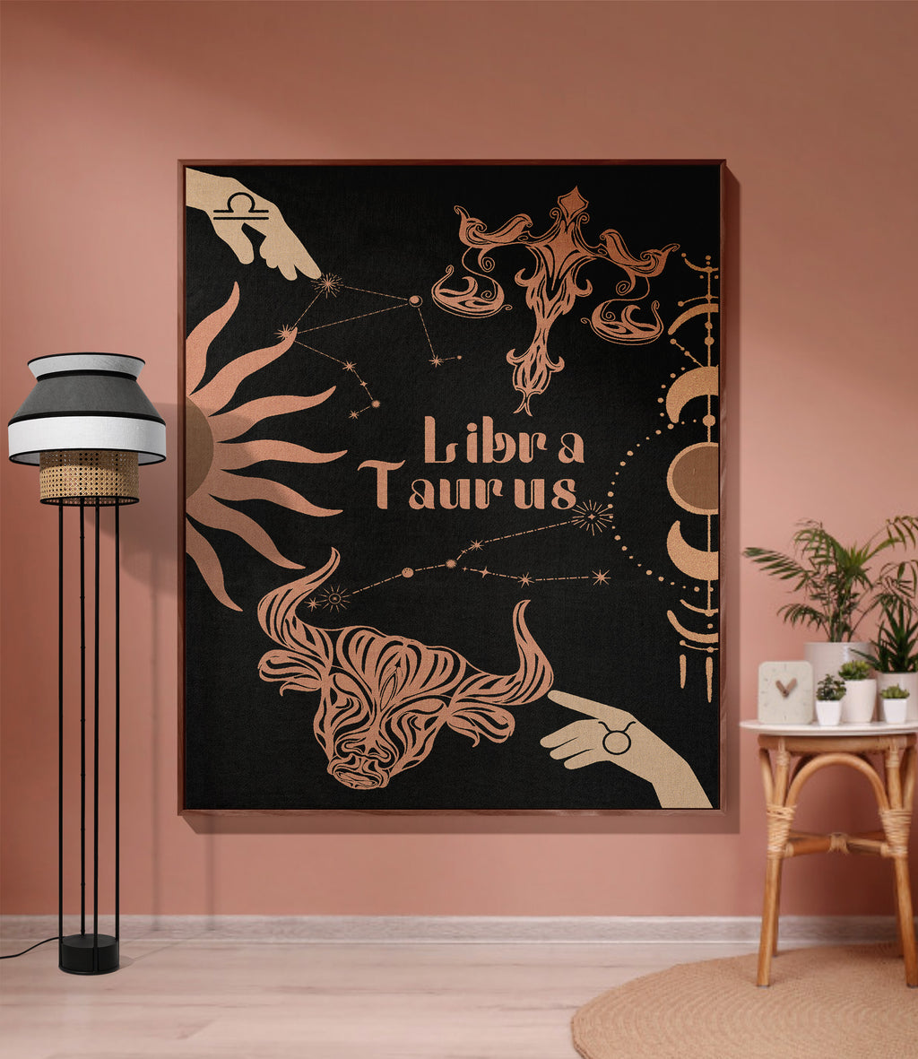 Taurus and Libra Zodiac Compatibility Woven Throw Tapestry - Elevate home decor with this boho-inspired, celestial charm blanket. Perfect for astrology enthusiasts, featuring Taurus and Libra sun signs, adding unique, artistic flair to your living space. Premium cotton, cozy, and decorative.