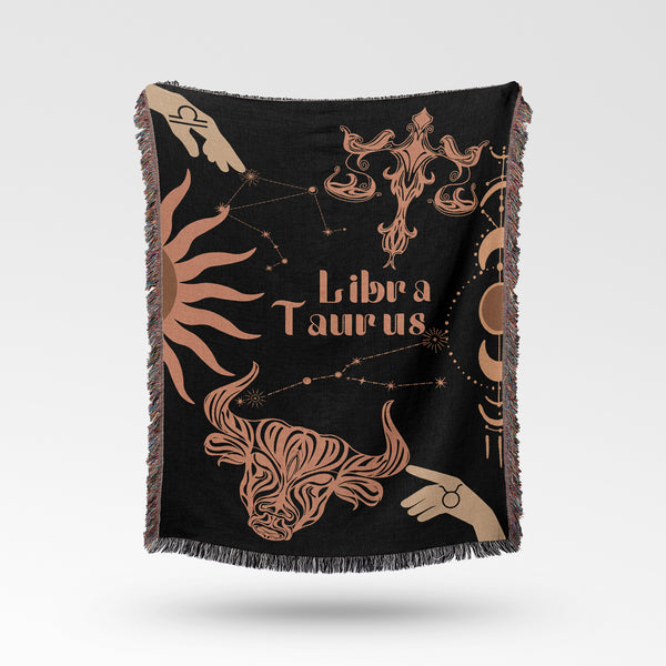 Taurus and Libra Zodiac Compatibility Woven Throw Tapestry - Elevate home decor with this boho-inspired, celestial charm blanket. Perfect for astrology enthusiasts, featuring Taurus and Libra sun signs, adding unique, artistic flair to your living space. Premium cotton, cozy, and decorative.