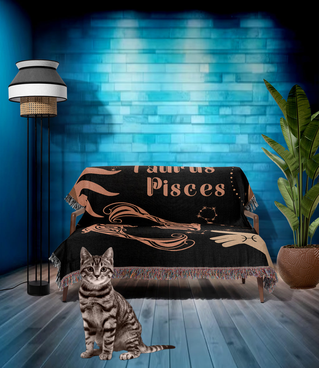 Taurus and Pisces Zodiac Compatibility Woven Throw Tapestry - Elevate home decor with this boho-inspired, celestial charm blanket. Perfect for astrology enthusiasts, featuring Taurus and Pisces sun signs, adding unique, artistic flair to your living space. Premium cotton, cozy, and decorative.