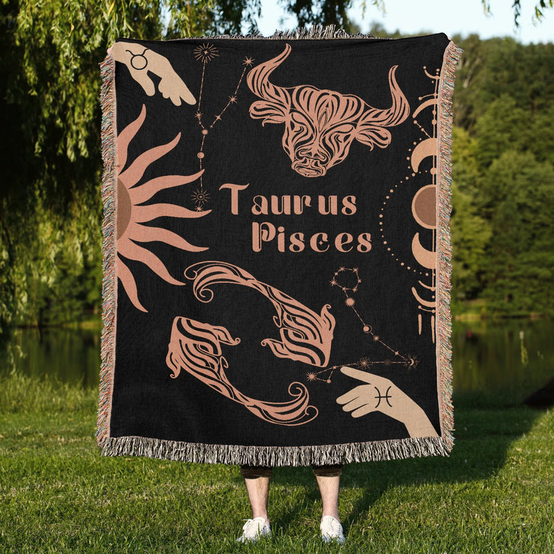 Taurus and Pisces Zodiac Compatibility Woven Throw Tapestry - Elevate home decor with this boho-inspired, celestial charm blanket. Perfect for astrology enthusiasts, featuring Taurus and Pisces sun signs, adding unique, artistic flair to your living space. Premium cotton, cozy, and decorative.