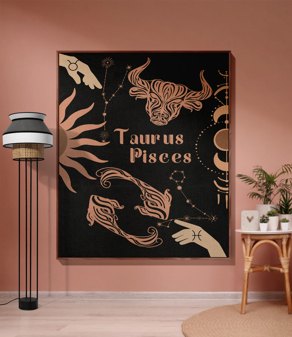 Taurus and Pisces Zodiac Compatibility Woven Throw Tapestry - Elevate home decor with this boho-inspired, celestial charm blanket. Perfect for astrology enthusiasts, featuring Taurus and Pisces sun signs, adding unique, artistic flair to your living space. Premium cotton, cozy, and decorative.