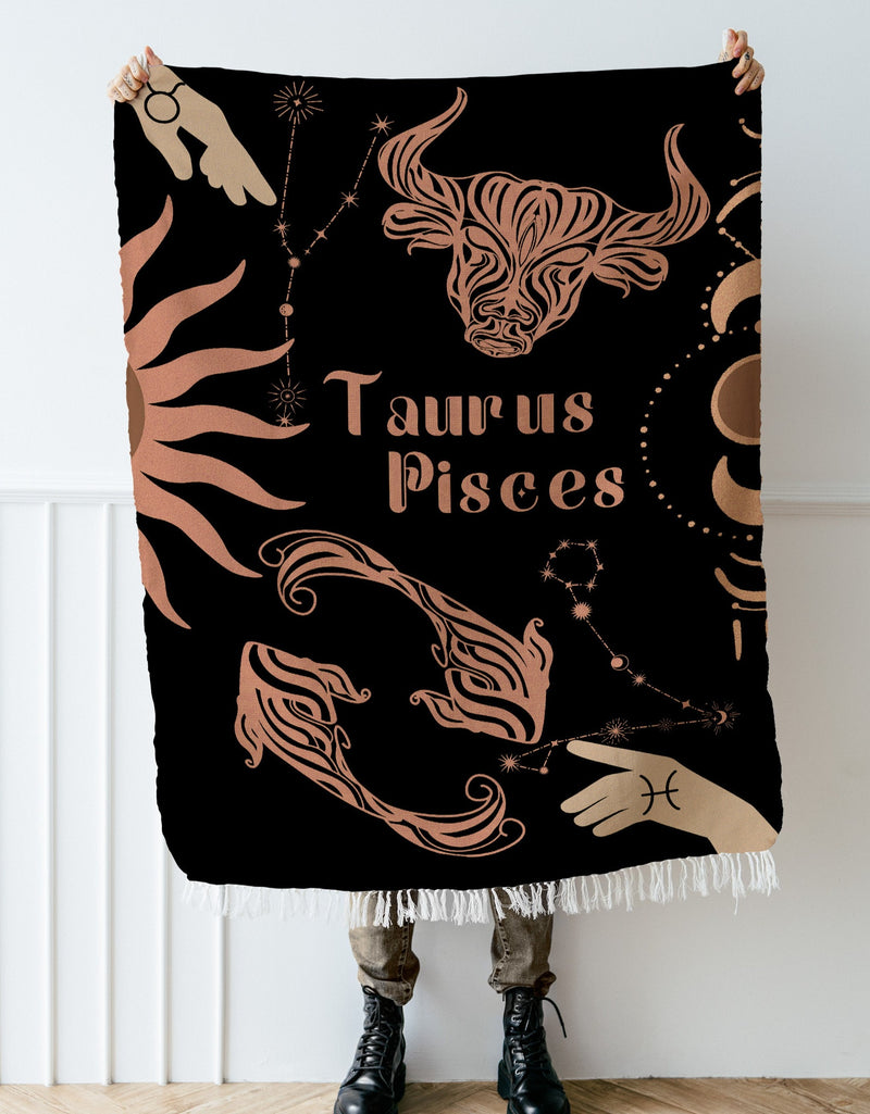 Taurus and Pisces Zodiac Compatibility Woven Throw Tapestry - Elevate home decor with this boho-inspired, celestial charm blanket. Perfect for astrology enthusiasts, featuring Taurus and Pisces sun signs, adding unique, artistic flair to your living space. Premium cotton, cozy, and decorative.