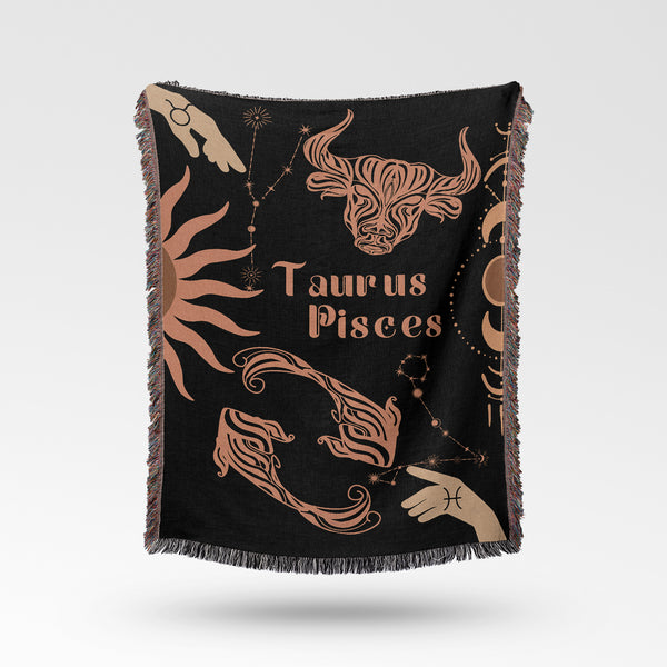 Taurus and Pisces Zodiac Compatibility Woven Throw Tapestry - Elevate home decor with this boho-inspired, celestial charm blanket. Perfect for astrology enthusiasts, featuring Taurus and Pisces sun signs, adding unique, artistic flair to your living space. Premium cotton, cozy, and decorative.