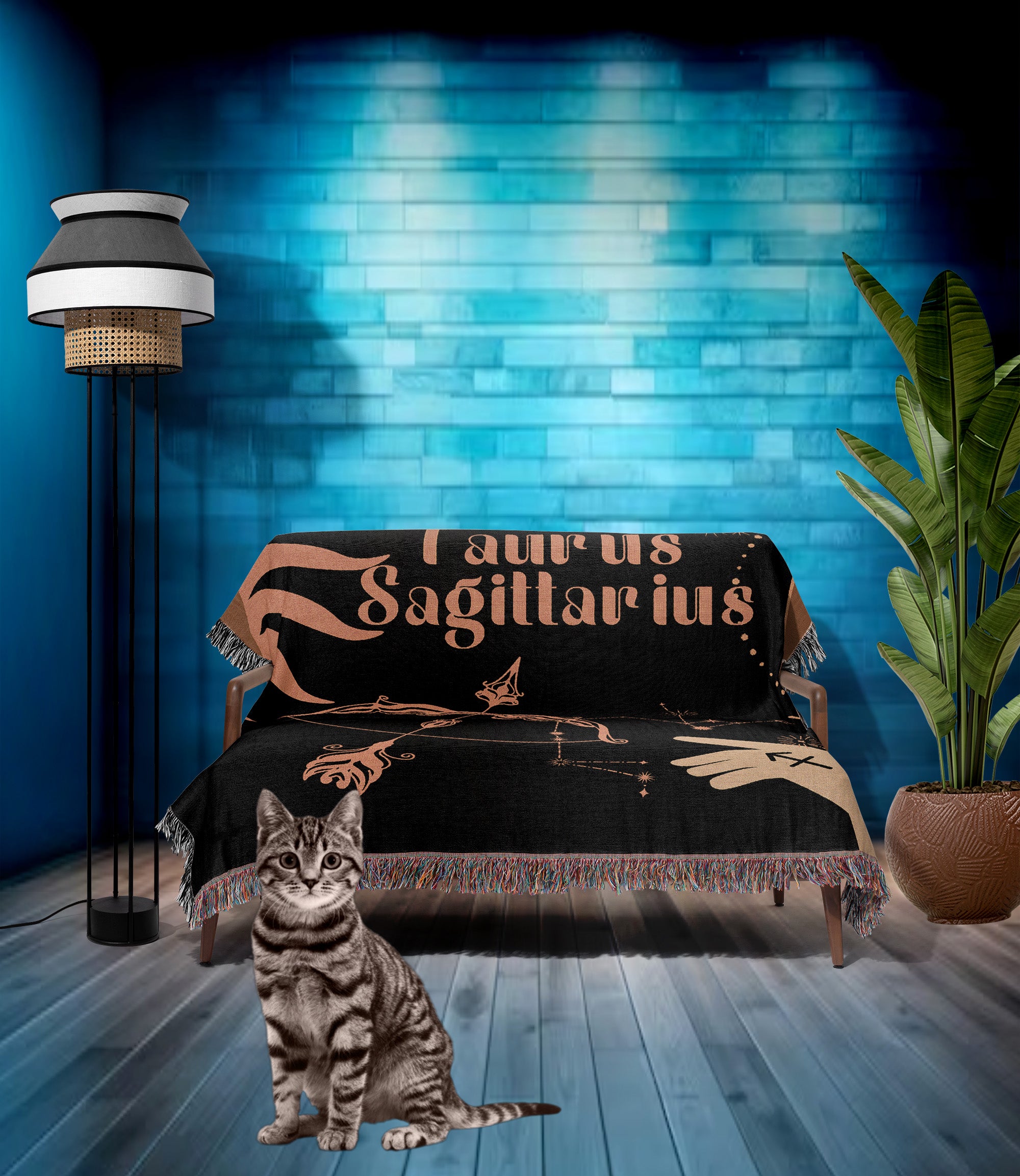 Taurus and Sagittarius Zodiac Compatibility Woven Throw Tapestry - Elevate home decor with this boho-inspired, celestial charm blanket. Perfect for astrology enthusiasts, featuring Taurus and Sagittarius sun signs, adding unique, artistic flair to your living space. Premium cotton, cozy, and decorative.