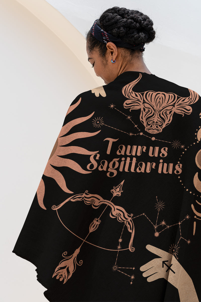 Taurus and Sagittarius Zodiac Compatibility Woven Throw Tapestry - Elevate home decor with this boho-inspired, celestial charm blanket. Perfect for astrology enthusiasts, featuring Taurus and Sagittarius sun signs, adding unique, artistic flair to your living space. Premium cotton, cozy, and decorative.