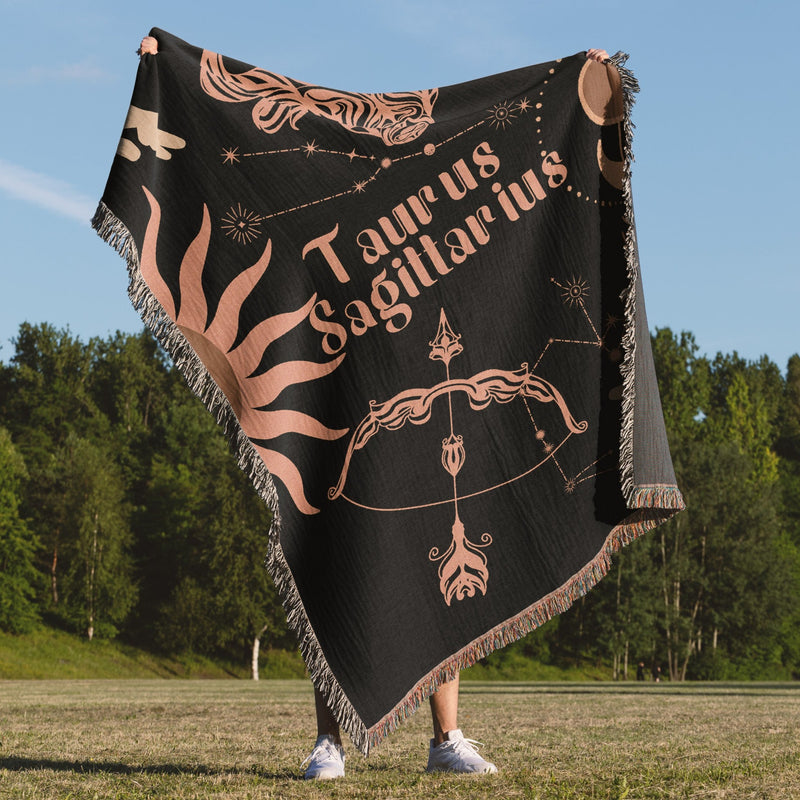 Taurus and Sagittarius Zodiac Compatibility Woven Throw Tapestry - Elevate home decor with this boho-inspired, celestial charm blanket. Perfect for astrology enthusiasts, featuring Taurus and Sagittarius sun signs, adding unique, artistic flair to your living space. Premium cotton, cozy, and decorative.