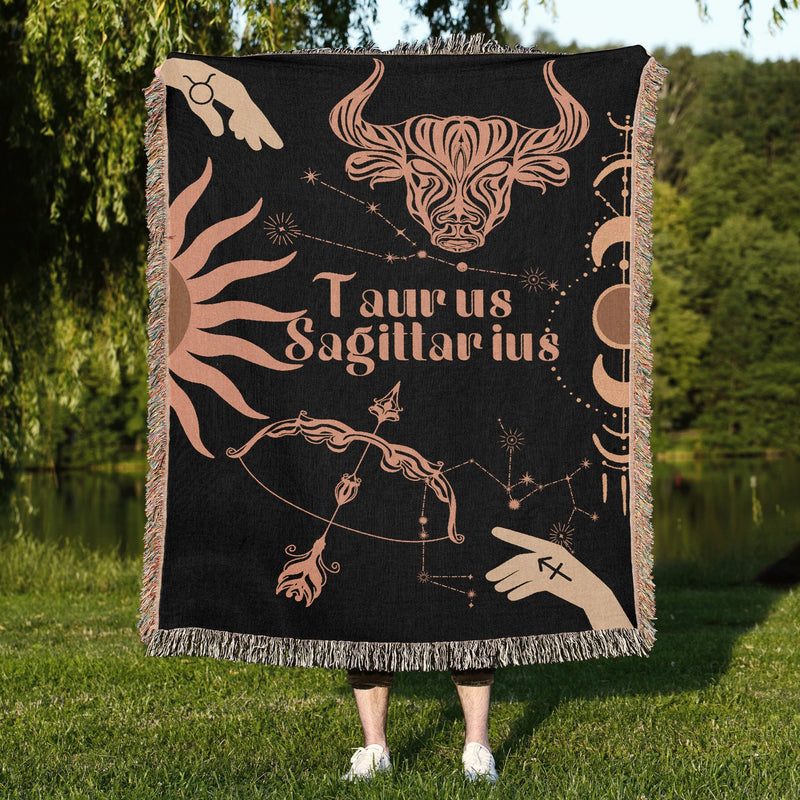 Taurus and Sagittarius Zodiac Compatibility Woven Throw Tapestry - Elevate home decor with this boho-inspired, celestial charm blanket. Perfect for astrology enthusiasts, featuring Taurus and Sagittarius sun signs, adding unique, artistic flair to your living space. Premium cotton, cozy, and decorative.