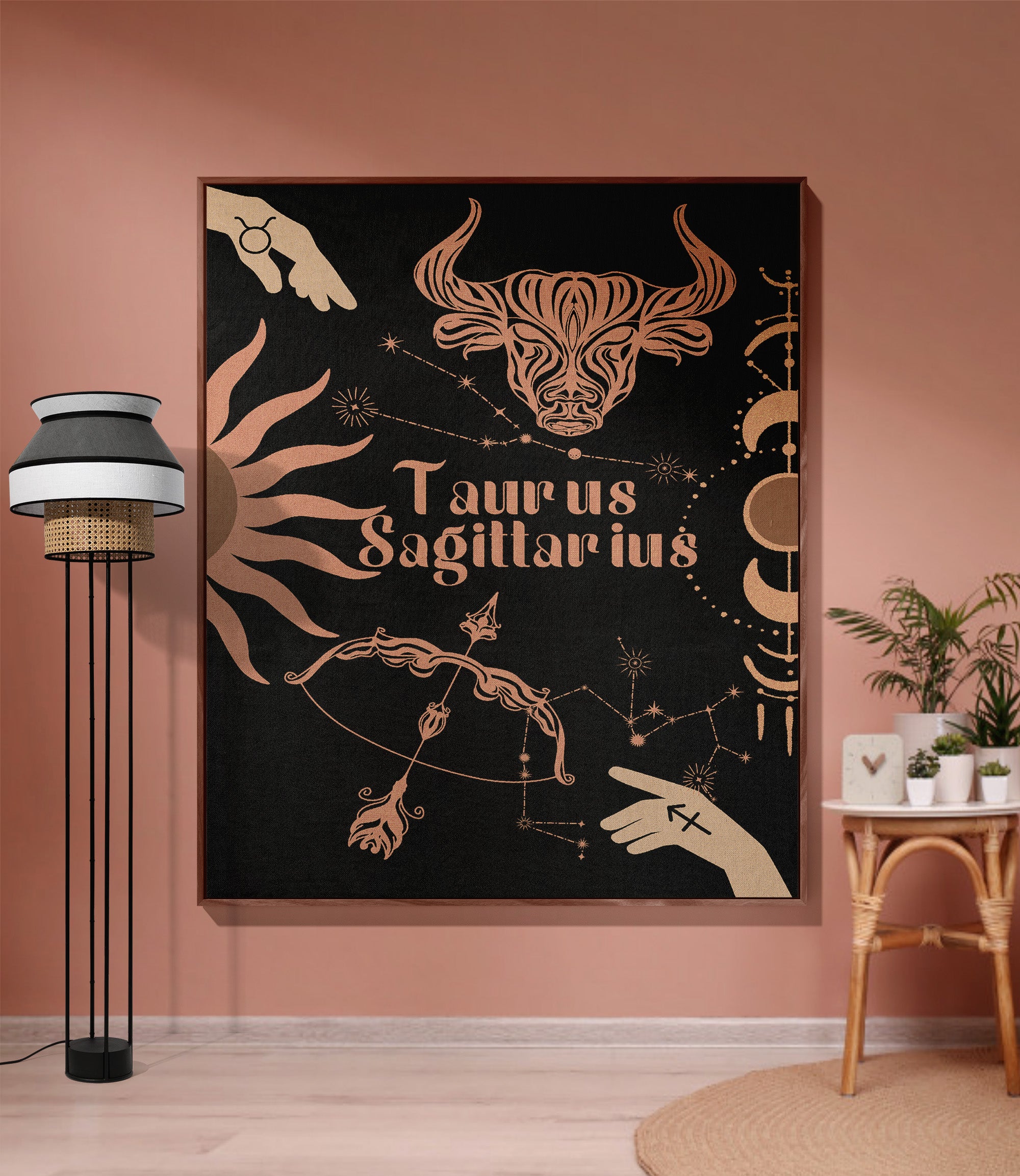 Taurus and Sagittarius Zodiac Compatibility Woven Throw Tapestry - Elevate home decor with this boho-inspired, celestial charm blanket. Perfect for astrology enthusiasts, featuring Taurus and Sagittarius sun signs, adding unique, artistic flair to your living space. Premium cotton, cozy, and decorative.