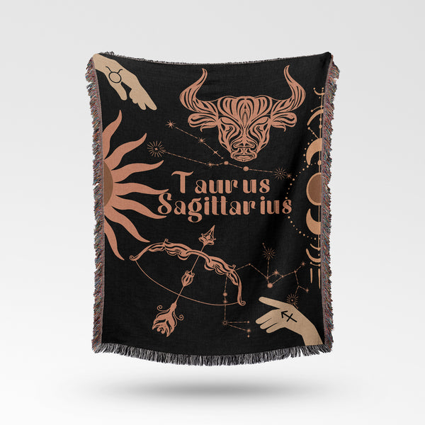 Taurus and Sagittarius Zodiac Compatibility Woven Throw Tapestry - Elevate home decor with this boho-inspired, celestial charm blanket. Perfect for astrology enthusiasts, featuring Taurus and Sagittarius sun signs, adding unique, artistic flair to your living space. Premium cotton, cozy, and decorative.