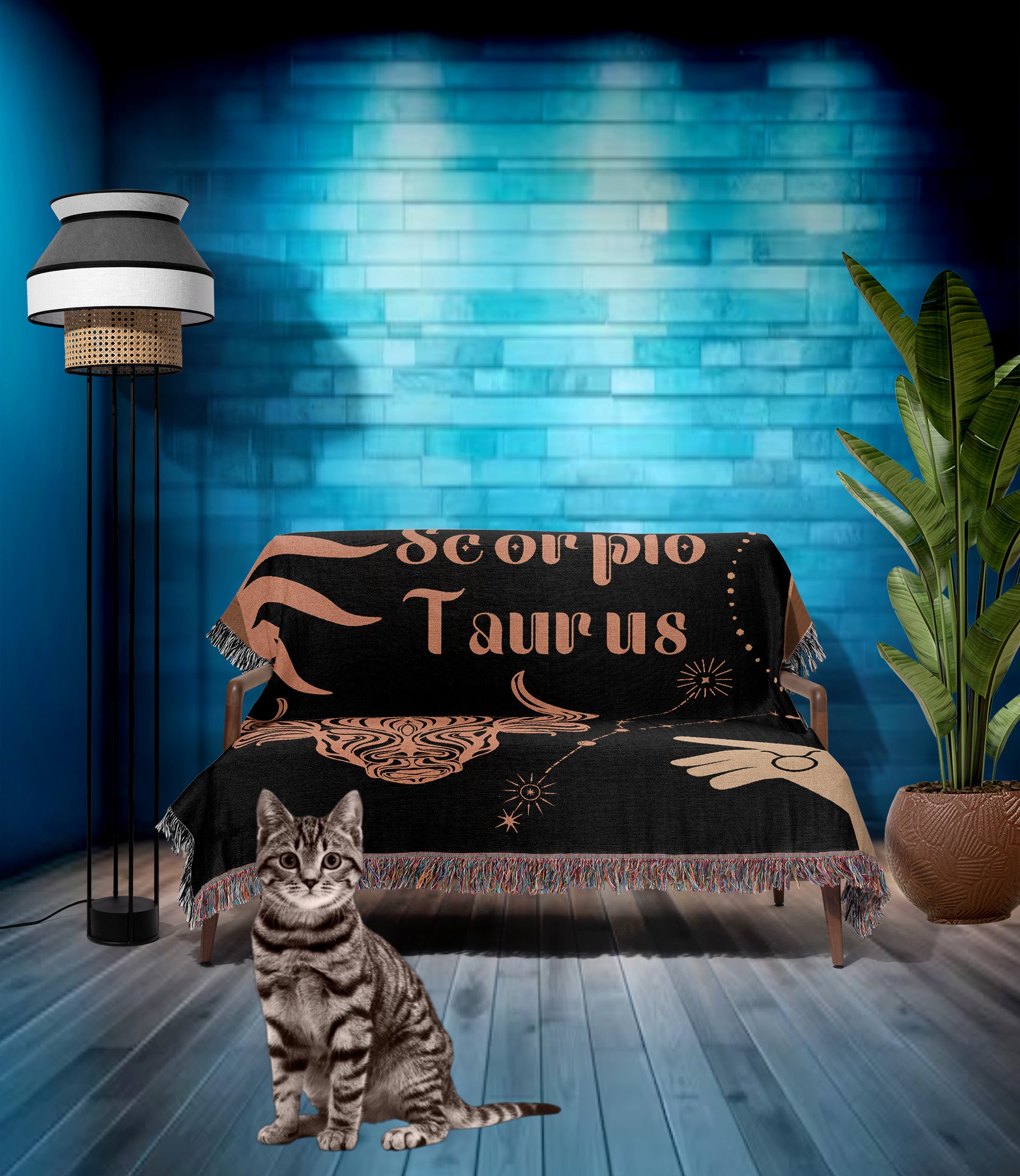 Taurus and Scorpio Zodiac Compatibility Woven Throw Tapestry - Elevate home decor with this boho-inspired, celestial charm blanket. Perfect for astrology enthusiasts, featuring Taurus and Scorpio sun signs, adding unique, artistic flair to your living space. Premium cotton, cozy, and decorative.