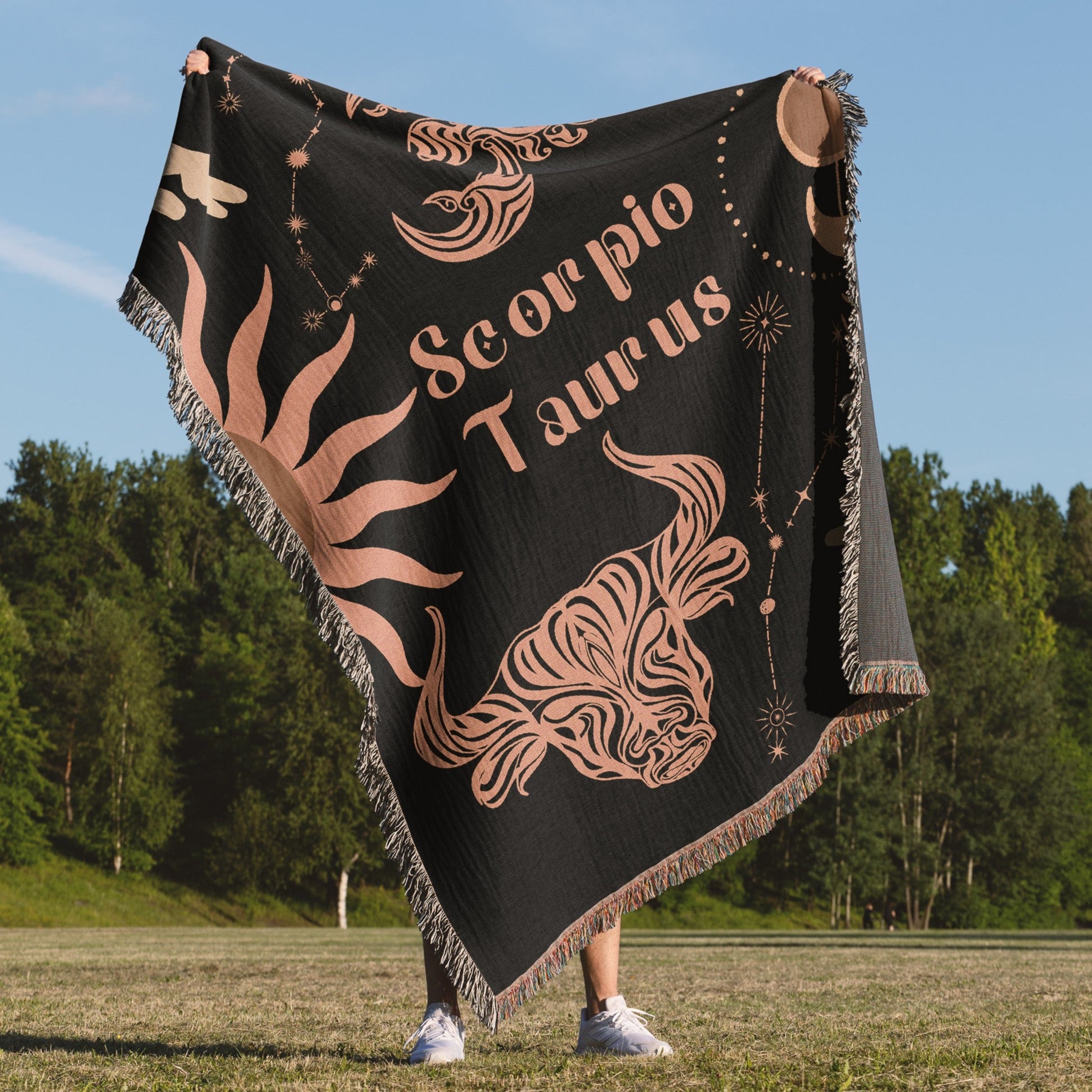 Taurus and Scorpio Zodiac Compatibility Woven Throw Tapestry - Elevate home decor with this boho-inspired, celestial charm blanket. Perfect for astrology enthusiasts, featuring Taurus and Scorpio sun signs, adding unique, artistic flair to your living space. Premium cotton, cozy, and decorative.