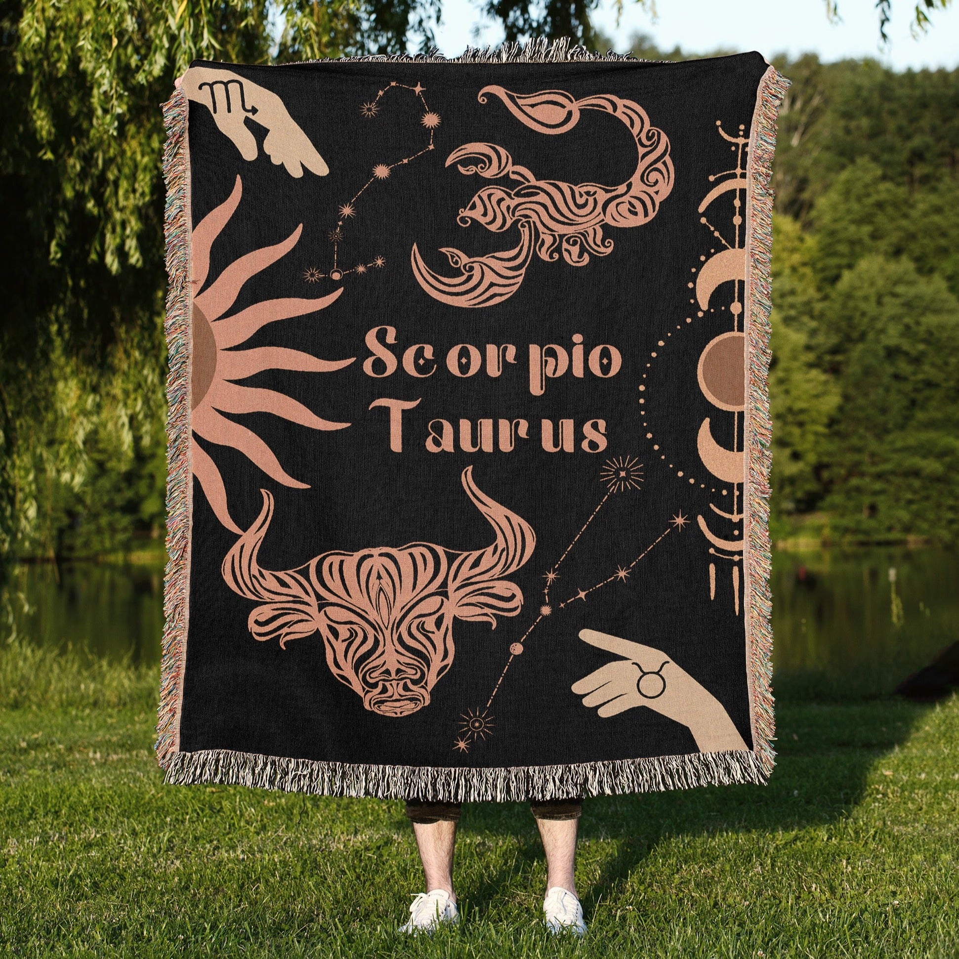 Taurus and Scorpio Zodiac Compatibility Woven Throw Tapestry - Elevate home decor with this boho-inspired, celestial charm blanket. Perfect for astrology enthusiasts, featuring Taurus and Scorpio sun signs, adding unique, artistic flair to your living space. Premium cotton, cozy, and decorative.