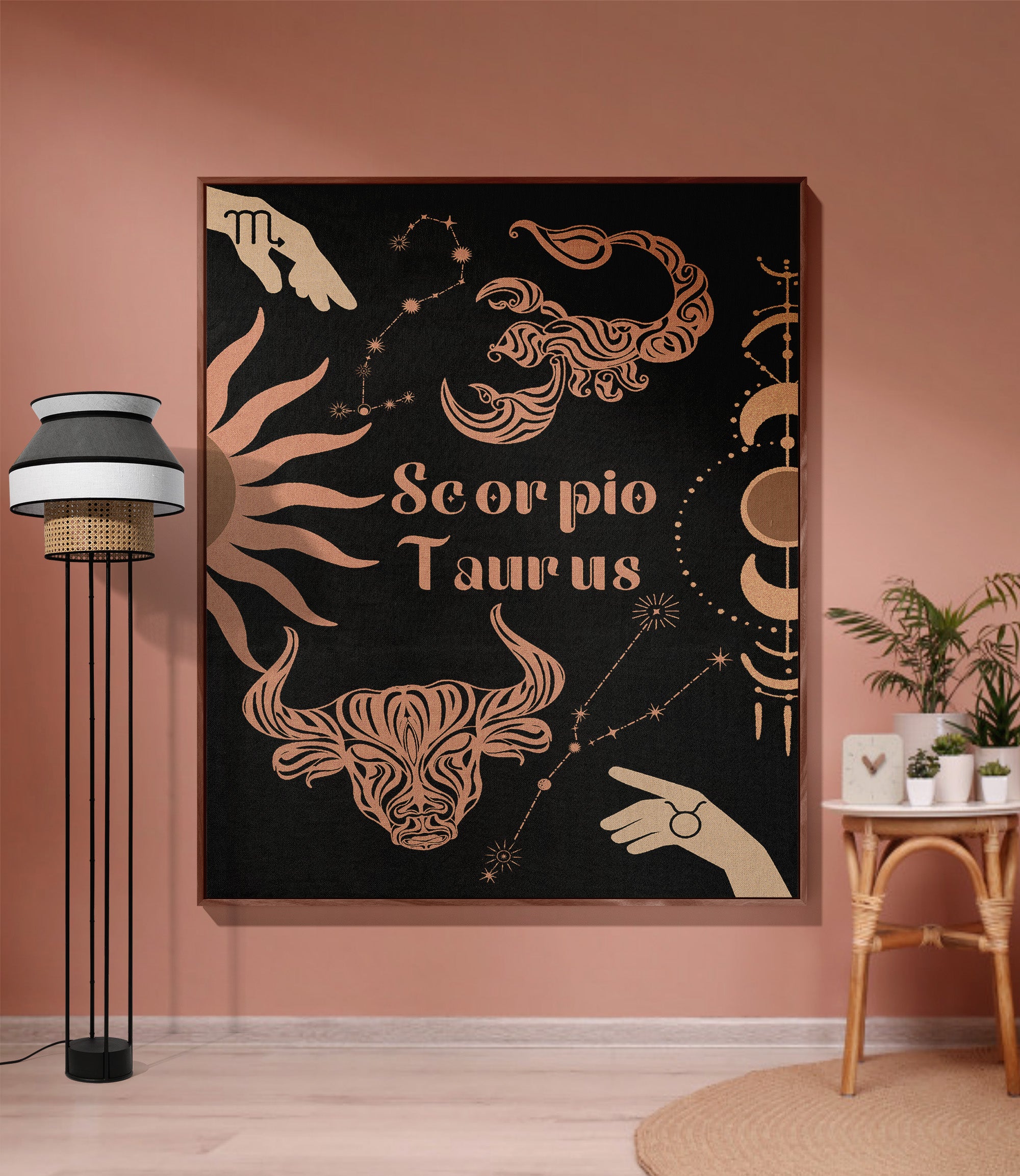 Taurus and Scorpio Zodiac Compatibility Woven Throw Tapestry - Elevate home decor with this boho-inspired, celestial charm blanket. Perfect for astrology enthusiasts, featuring Taurus and Scorpio sun signs, adding unique, artistic flair to your living space. Premium cotton, cozy, and decorative.