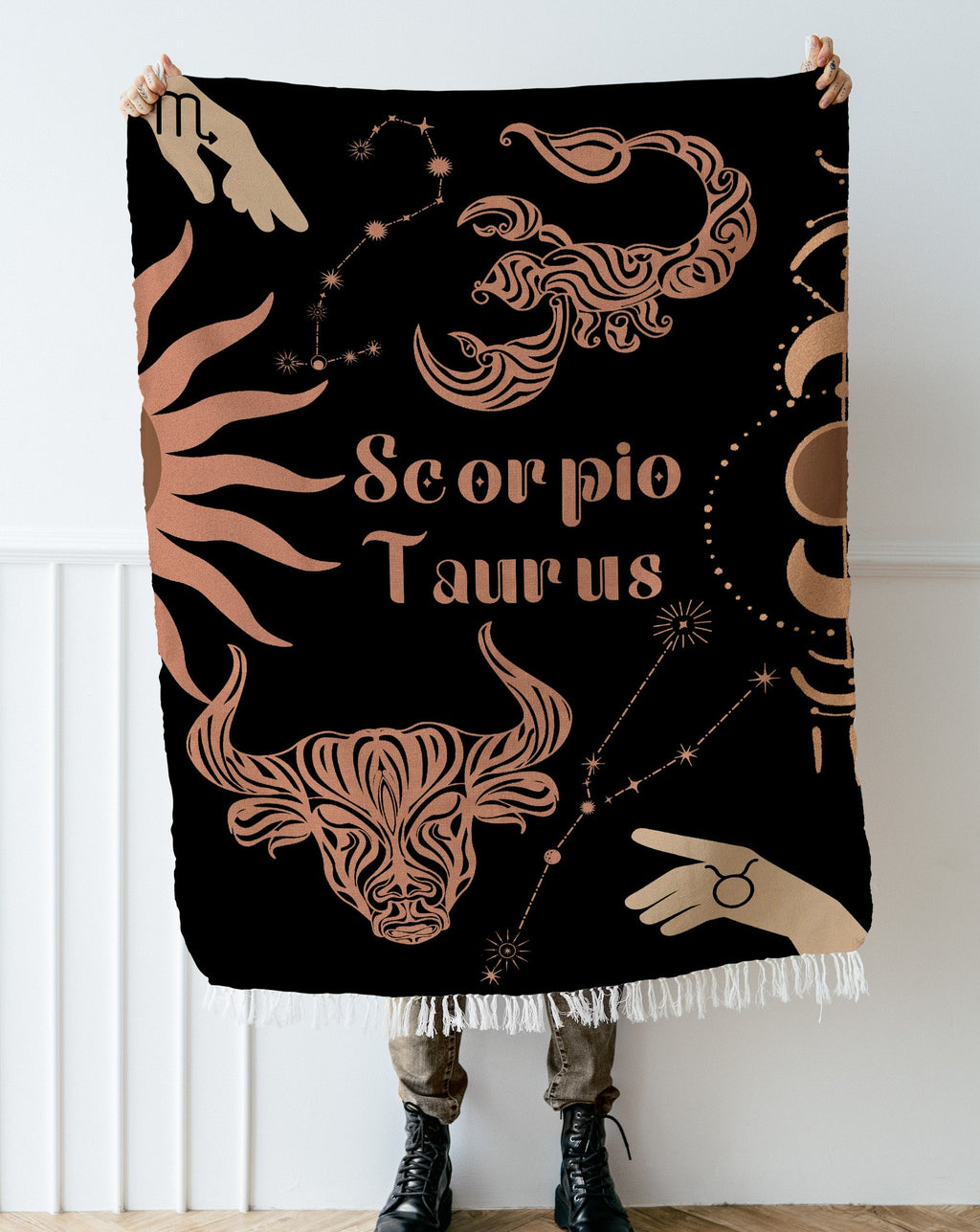 Taurus and Scorpio Zodiac Compatibility Woven Throw Tapestry - Elevate home decor with this boho-inspired, celestial charm blanket. Perfect for astrology enthusiasts, featuring Taurus and Scorpio sun signs, adding unique, artistic flair to your living space. Premium cotton, cozy, and decorative.