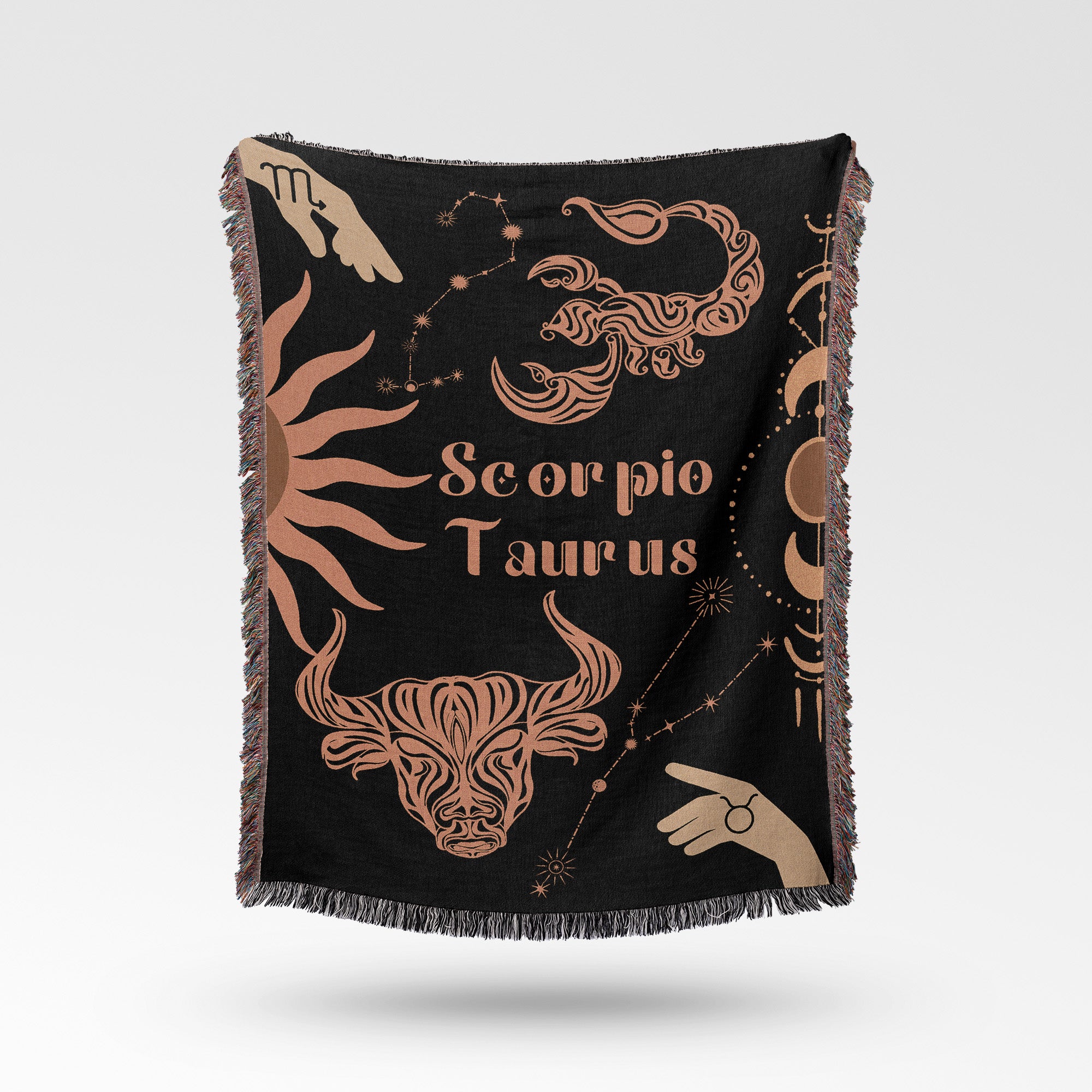 Taurus and Scorpio Zodiac Compatibility Woven Throw Tapestry - Elevate home decor with this boho-inspired, celestial charm blanket. Perfect for astrology enthusiasts, featuring Taurus and Scorpio sun signs, adding unique, artistic flair to your living space. Premium cotton, cozy, and decorative.