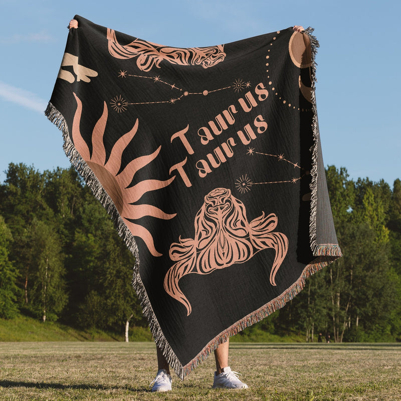 Taurus and Taurus Zodiac Compatibility Woven Throw Tapestry - Elevate home decor with this boho-inspired, celestial charm blanket. Perfect for astrology enthusiasts, featuring Taurus and Taurus sun signs, adding unique, artistic flair to your living space. Premium cotton, cozy, and decorative.