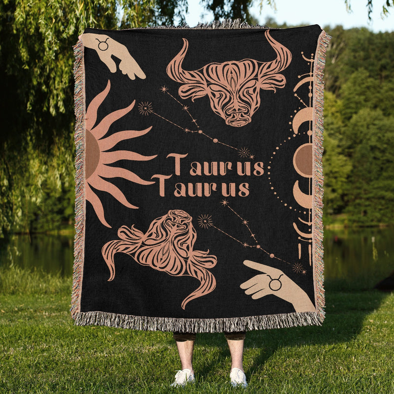 Taurus and Taurus Zodiac Compatibility Woven Throw Tapestry - Elevate home decor with this boho-inspired, celestial charm blanket. Perfect for astrology enthusiasts, featuring Taurus and Taurus sun signs, adding unique, artistic flair to your living space. Premium cotton, cozy, and decorative.