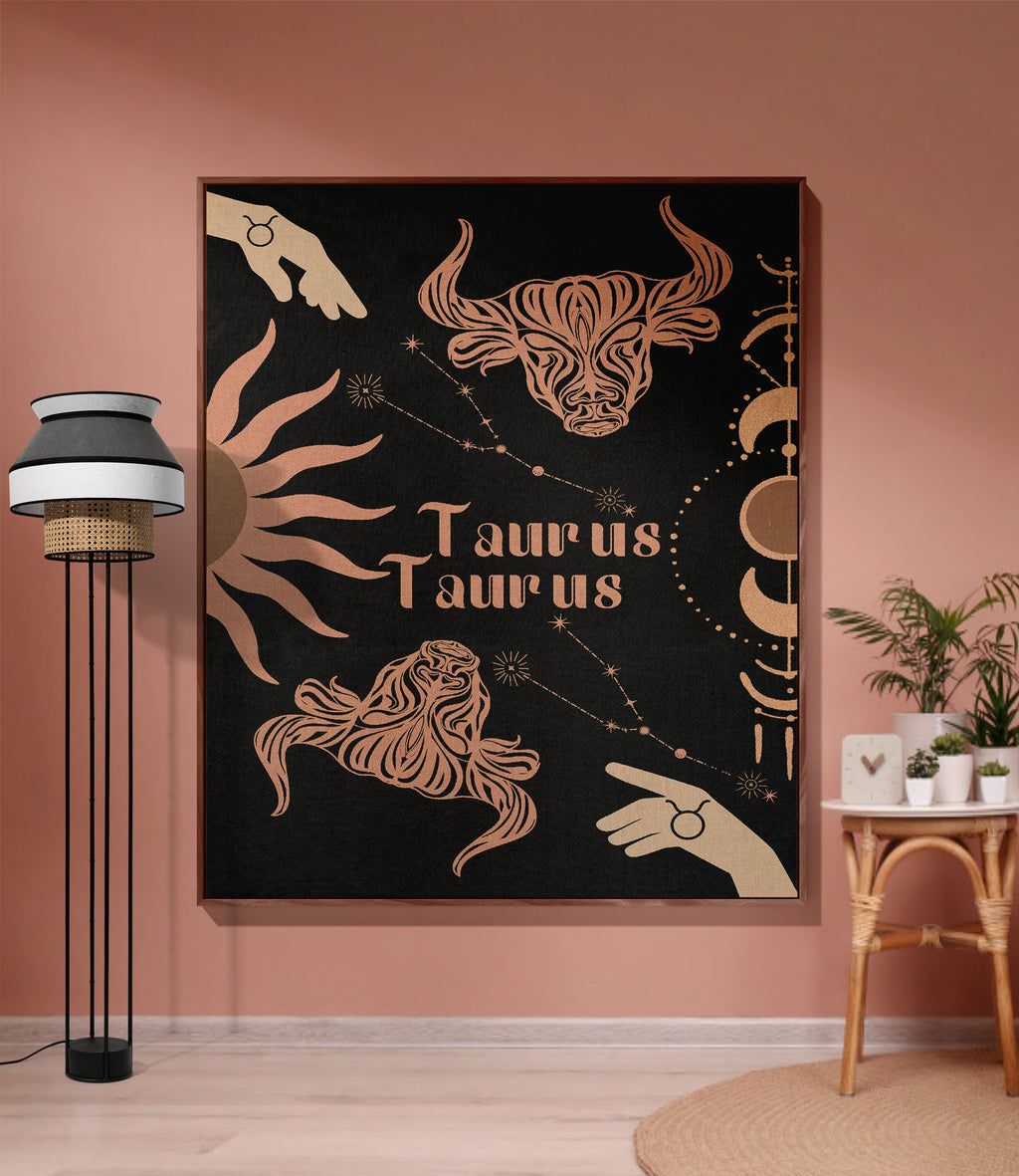 Taurus and Taurus Zodiac Compatibility Woven Throw Tapestry - Elevate home decor with this boho-inspired, celestial charm blanket. Perfect for astrology enthusiasts, featuring Taurus and Taurus sun signs, adding unique, artistic flair to your living space. Premium cotton, cozy, and decorative.
