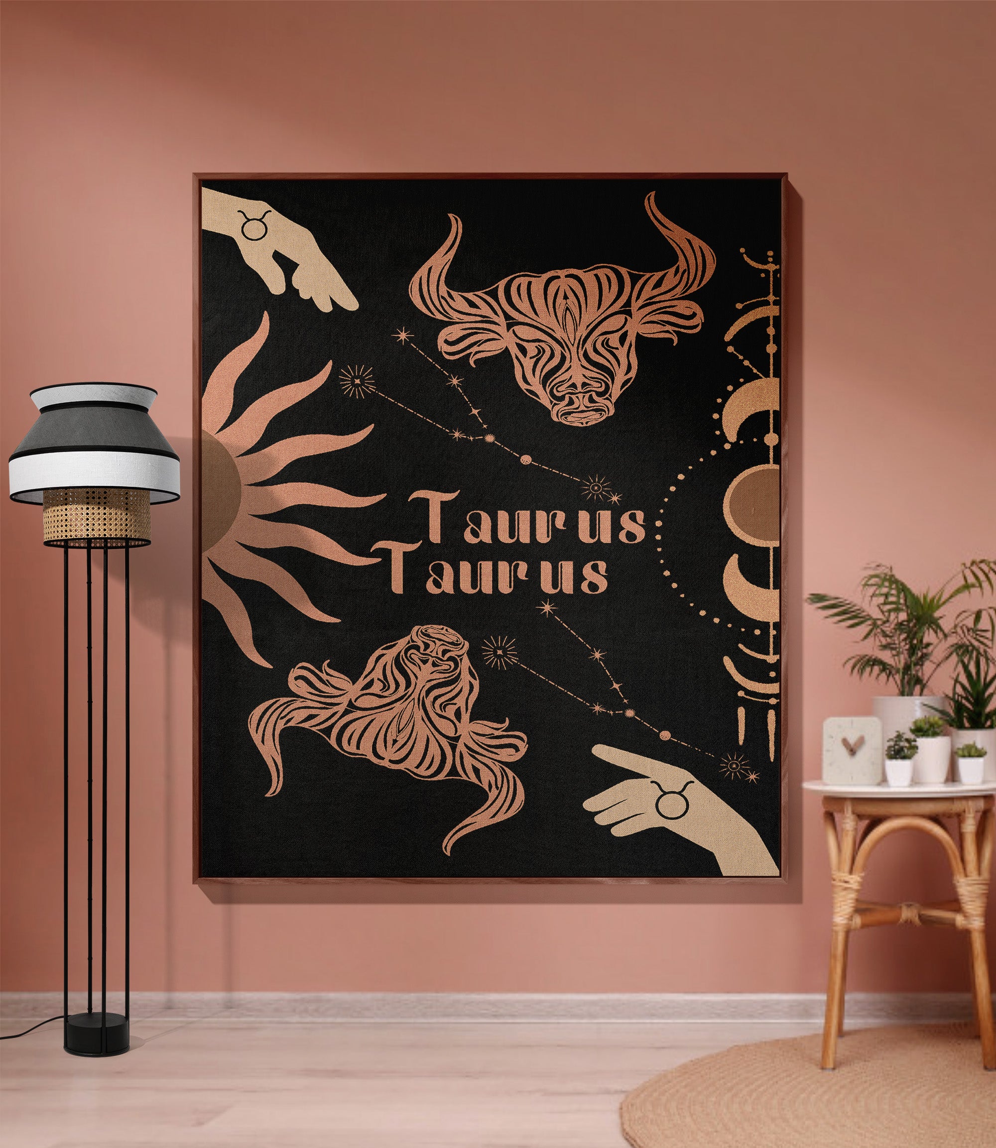 Taurus and Taurus Zodiac Compatibility Woven Throw Tapestry - Elevate home decor with this boho-inspired, celestial charm blanket. Perfect for astrology enthusiasts, featuring Taurus and Taurus sun signs, adding unique, artistic flair to your living space. Premium cotton, cozy, and decorative.