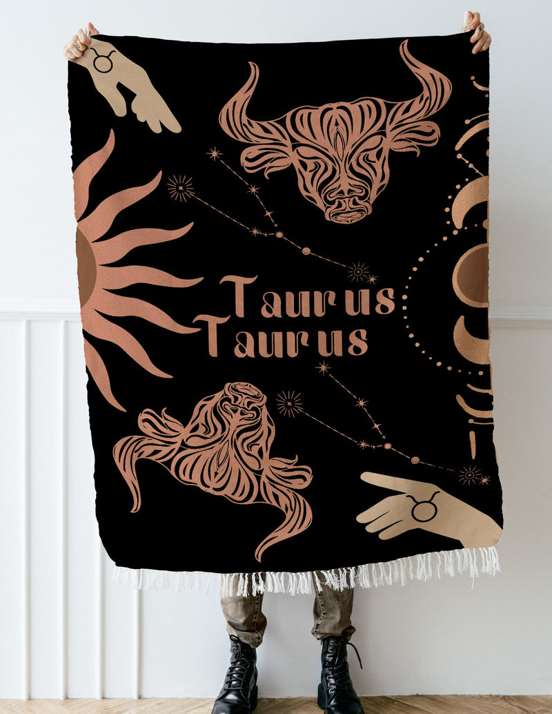 Taurus and Taurus Zodiac Compatibility Woven Throw Tapestry - Elevate home decor with this boho-inspired, celestial charm blanket. Perfect for astrology enthusiasts, featuring Taurus and Taurus sun signs, adding unique, artistic flair to your living space. Premium cotton, cozy, and decorative.