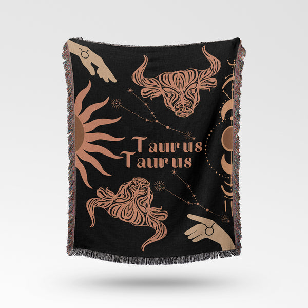 Taurus and Taurus Zodiac Compatibility Woven Throw Tapestry - Elevate home decor with this boho-inspired, celestial charm blanket. Perfect for astrology enthusiasts, featuring Taurus and Taurus sun signs, adding unique, artistic flair to your living space. Premium cotton, cozy, and decorative.