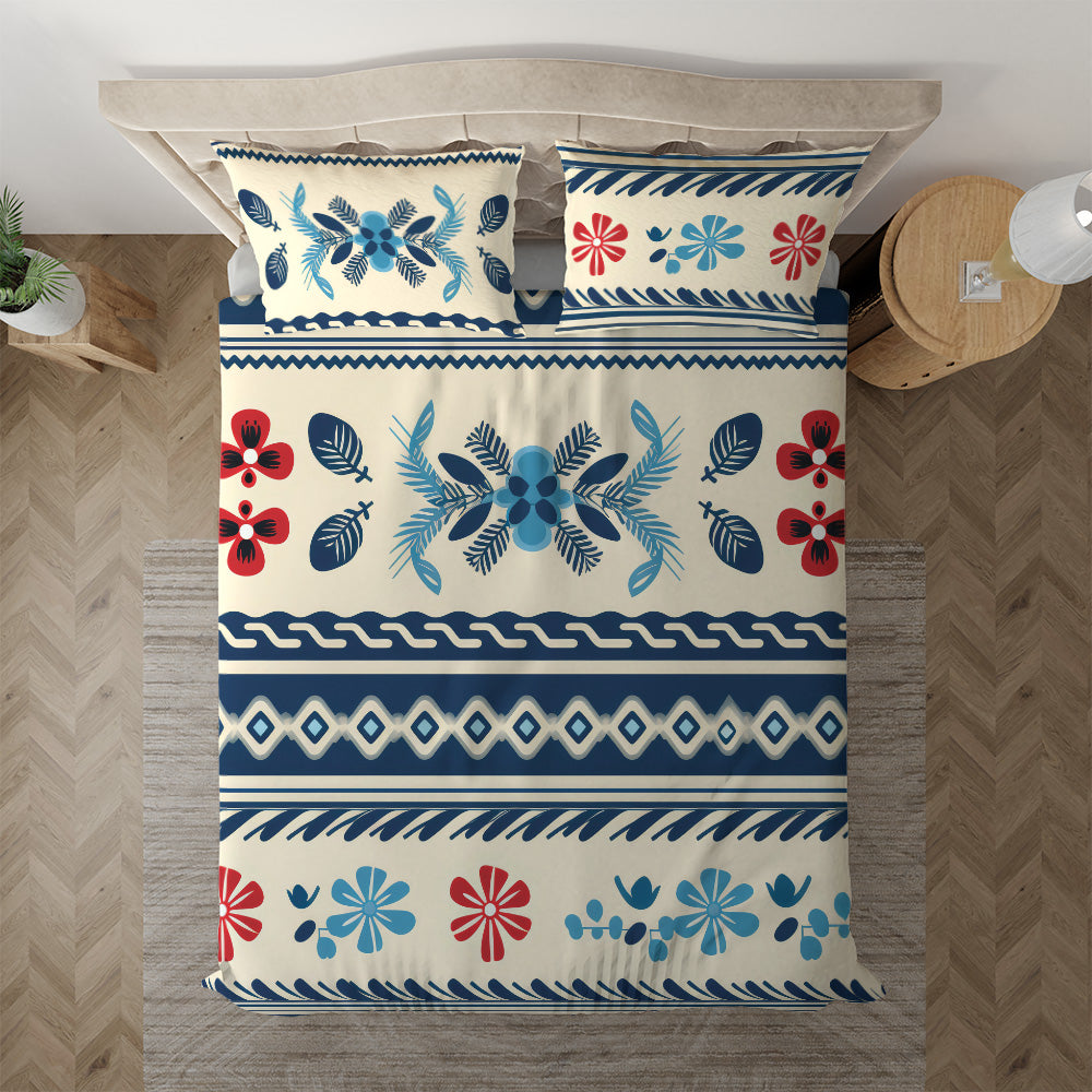 Colorful Folk Floral bedding displayed at an angle on a bed