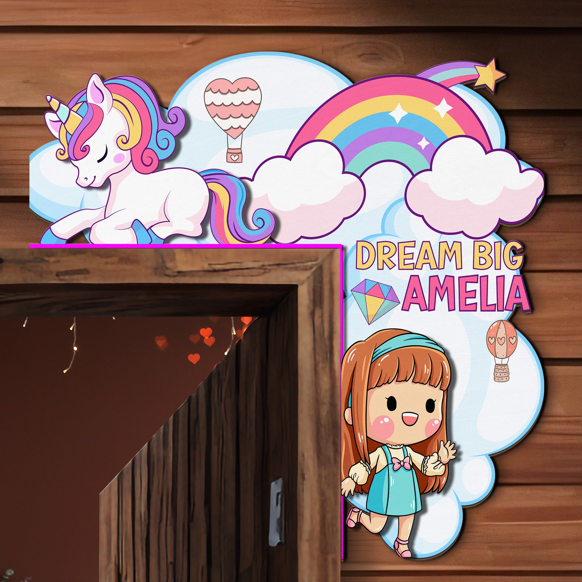 PERSONALIZED Wooden Door Corner | CUSTOM Door Topper Name Plate for KIDS | Single/Double Layer | 10” & 15” Sizes | Unicorn