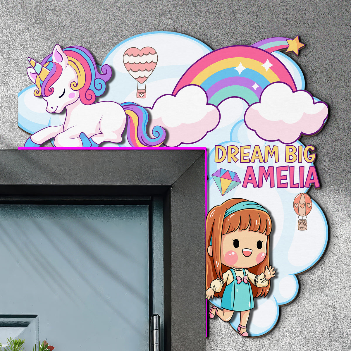 Double-layer personalized unicorn wooden door name sign displayed on a gray door
