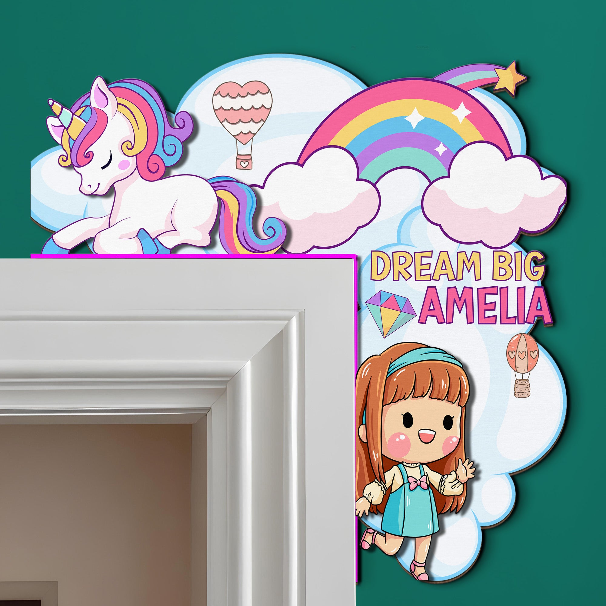 PERSONALIZED Wooden Door Corner | CUSTOM Door Topper Name Plate for KIDS | Single/Double Layer | 10” & 15” Sizes | Unicorn