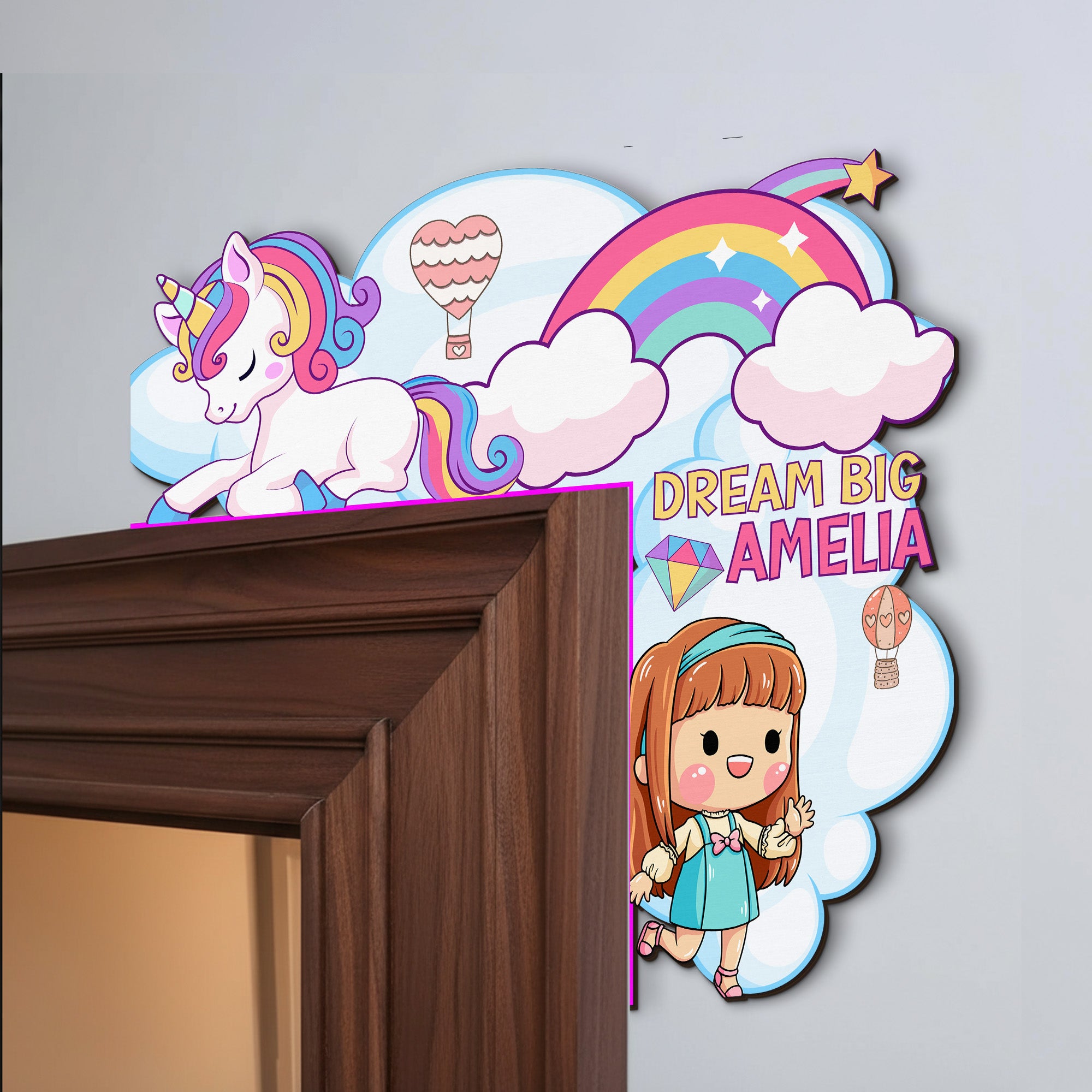 PERSONALIZED Wooden Door Corner | CUSTOM Door Topper Name Plate for KIDS | Single/Double Layer | 10” & 15” Sizes | Unicorn