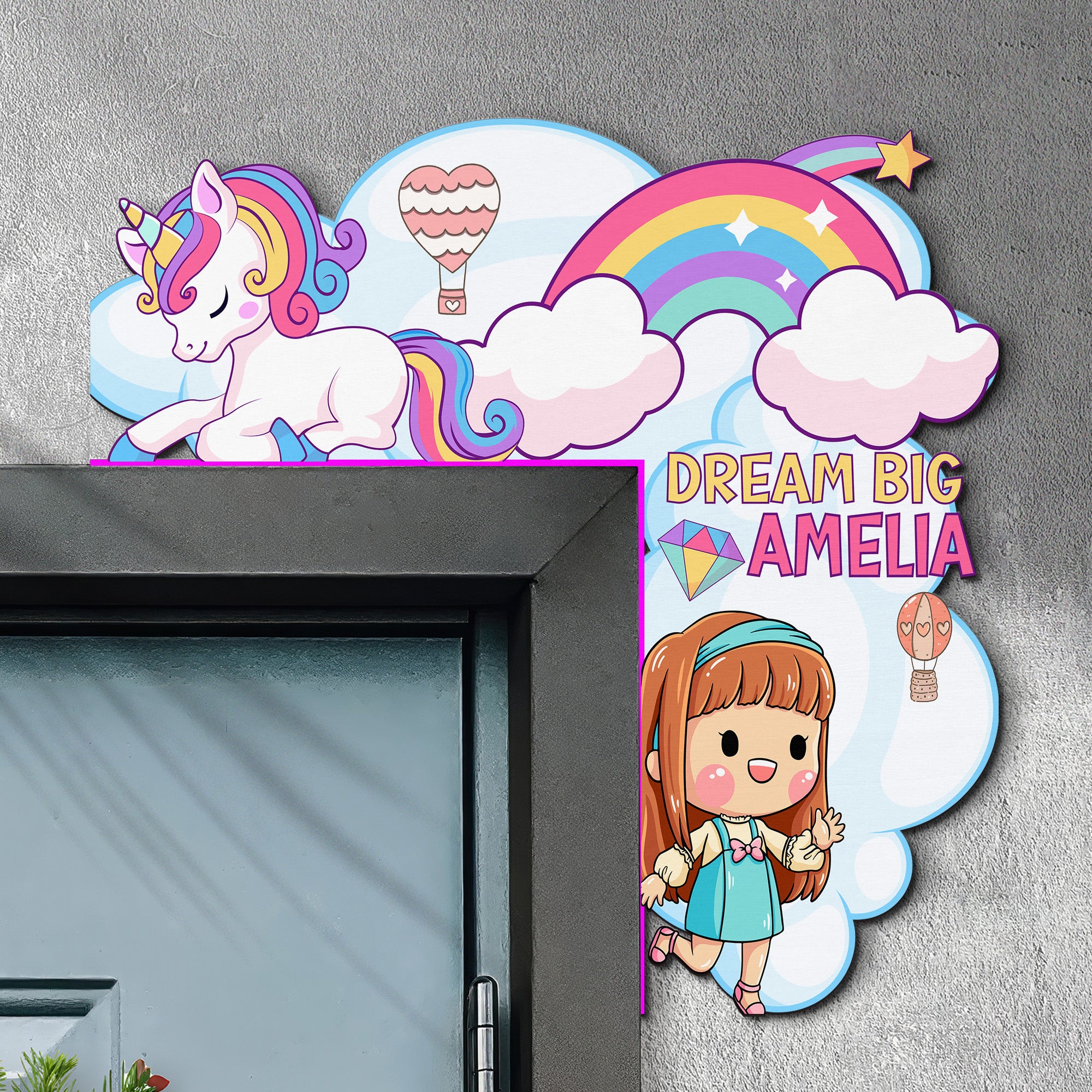 PERSONALIZED Wooden Door Corner | CUSTOM Door Topper Name Plate for KIDS | Single/Double Layer | 10” & 15” Sizes | Unicorn