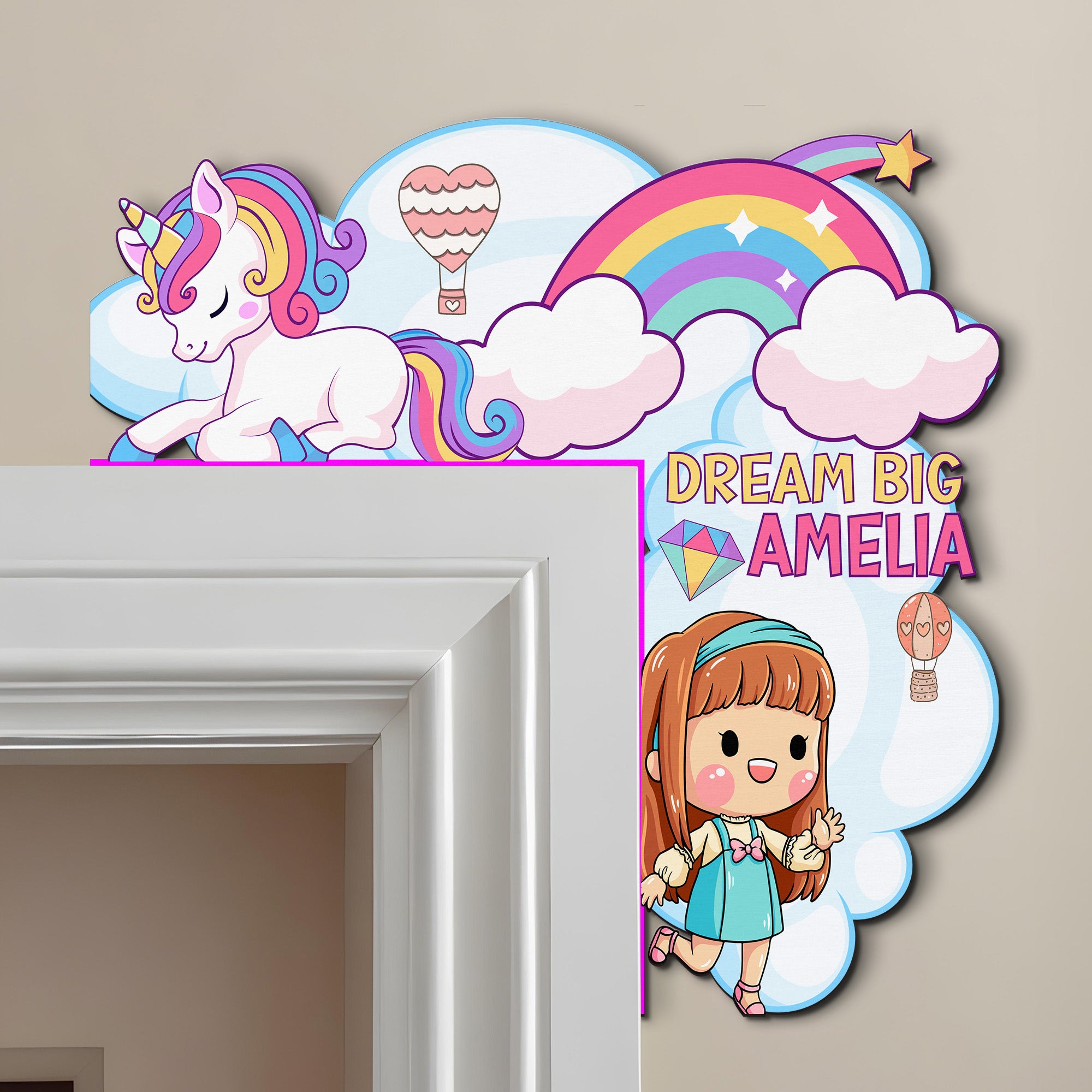 PERSONALIZED Wooden Door Corner | CUSTOM Door Topper Name Plate for KIDS | Single/Double Layer | 10” & 15” Sizes | Unicorn